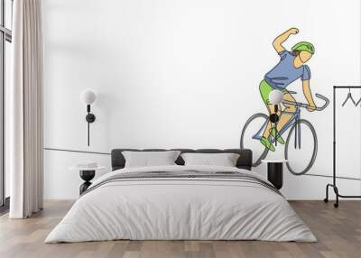 Single continuous line drawing of young agile man cyclist happy to reach finish line. Sport lifestyle concept. Trendy one line draw design graphic vector illustration for cycling race promotion media Wall mural