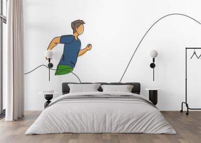 Single continuous line drawing of young agile man runner from side view. Individual sport with competition concept. Trendy one line draw design vector illustration for running tournament promotion Wall mural