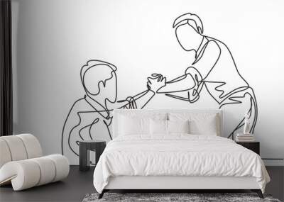 Single continuous line drawing of young happy businessman help to pull out his colleague from failure and rising again. Trendy teamwork support concept one line draw design vector graphic illustration Wall mural