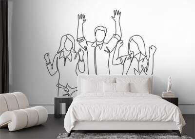 Single continuous line drawing of young happy female and male workers prancing with joy at the office room together. Business teamwork celebration concept one line draw design vector illustration Wall mural