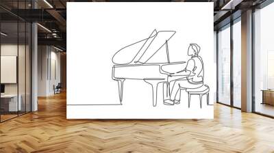 Single continuous line drawing of young happy male pianist playing classic grand piano on music concert orchestra. Musician artist performance concept one line draw design graphic vector illustration Wall mural