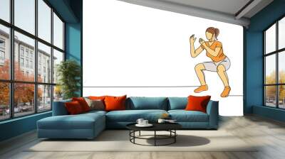 Single continuous line drawing of young happy woman exercising doing squat movement in sport center gym club. Sport training fitness concept. Trendy one line draw design graphic vector illustration Wall mural