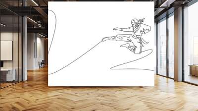 Single continuous line drawing of young Japanese culture ninja warrior with jumping kick attack pose. Martial art fighting samurai concept. Trendy one line draw graphic design vector illustration Wall mural