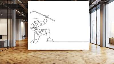 Single continuous line drawing of young professional ice hockey player celebrate a goal score on ice rink arena. Extreme winter sport concept. Trendy one line draw design graphic vector illustration Wall mural