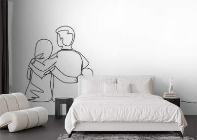 Single continuous line drawing romantic Arab couple in love sitting and hugging at city park. Happy couple getting ready for wedding. Engagement and love relation. One line draw graphic design vector Wall mural