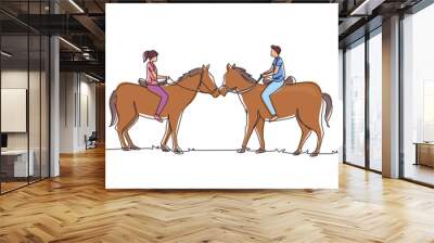 Single continuous line drawing romantic couple in love riding horse. Young man and woman meet for dating with ride horse. Engagement and love relation. One line draw graphic design vector illustration Wall mural