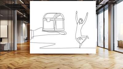 Single continuous line drawing young Arabian businessman was excited to get the treasure chest from the giant hand. Amazing success. Get maximum profit. Wealthy. One line design vector illustration Wall mural