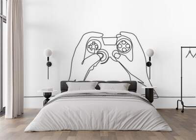 Single continuous line drawing young man hands holding video game console. Gamer holding in hand gamepad. Man playing video game. Leisure time at home. One line draw graphic design vector illustration Wall mural