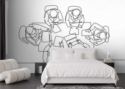 Single continuous single line drawing team of doctors held a conference at meeting room to discuss the hospital work programs, top view. Medical care concept one line draw design vector illustration Wall mural