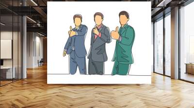 Single line drawing of young happy businessmen wearing suit giving thumbs up gesture. Business owner dealing a teamwork concept. Trendy continuous line draw design graphic vector illustration Wall mural