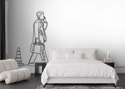 Single one line drawing businessman talking on cell phone and he does not see the hole in front. Man walks to business trap. Metaphor. Modern continuous line draw design graphic vector illustration Wall mural