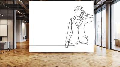 Single one line drawing female architect with call me gesture and wearing helmet carried building construction drawing paper. Success business. Continuous line draw design graphic vector illustration Wall mural