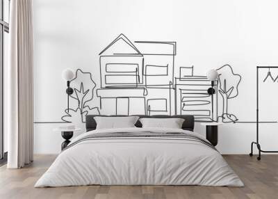 Single one line drawing green minimalist modest house in town. Home architecture building construction isolated doodle minimal concept. Trendy continuous line draw design graphic vector illustration Wall mural