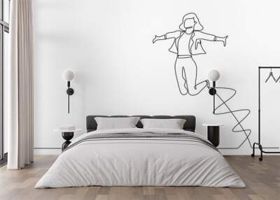 Single one line drawing happy businesswoman jump with raised his legs and spread his arms. Female manager celebrating success of increasing company's product sales. Continuous line draw design vector Wall mural