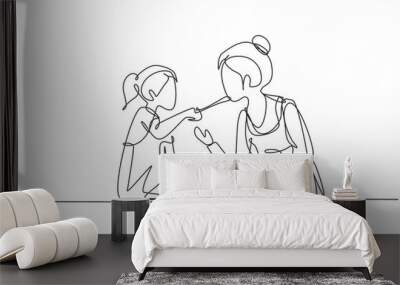 Single one line drawing happy mother tasting food given by her beautiful daughter. Cooking for lunch together in cozy kitchen at home. Modern continuous line draw design graphic vector illustration Wall mural