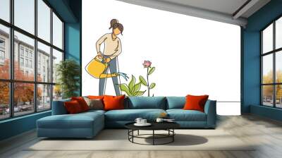 Single one line drawing lovely young woman or gardener taking care of home garden, watering houseplants growing in greenhouse with watering can. Continuous line draw design graphic vector illustration Wall mural