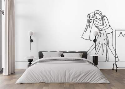 Single one line drawing loving married couple kissing and hugging. Young romantic couple lovers kissing. Happy man and woman prepare for wedding party. Continuous line draw design graphic vector Wall mural