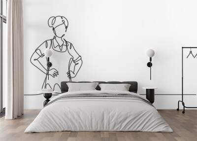 Single one line drawing of young beauty female house maid posing with hands on hip. Professional work profession and occupation minimal concept. Continuous line draw design graphic vector illustration Wall mural