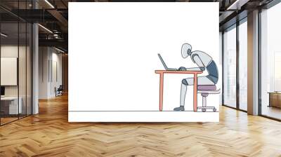 Single one line drawing robot sitting and typing on laptop computer. Work hard to achieve maximum expected results. Overtime and work smart. AI technology. Continuous line design graphic illustration Wall mural