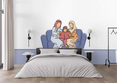 Single one line drawing young Arabian mom and dad reading a book together on sofa with their girl vector illustration. Happy Islam muslim family parenting concept. Continuous line graphic draw design Wall mural