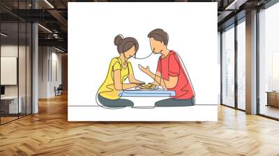 Single one line drawing young couple eating spaghetti together. Celebrate anniversaries and enjoy romantic dinner at modern restaurant. Modern continuous line draw design graphic vector illustration Wall mural