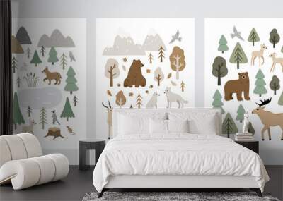 Set of hand drawn vector posters with forest animals and plants. Cute Scandinavian illustration with wild animals in the wood. Childish poster for nursery design and prints. Charming woodland animals Wall mural