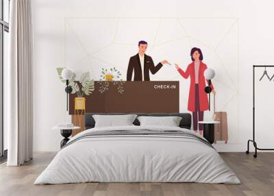 Businesswoman With Luggage Checking-In At Luxury Hotel With Friendly Male Receptionist At Front Desk. Full Length. Flat Design, Character, Cartoon. Wall mural