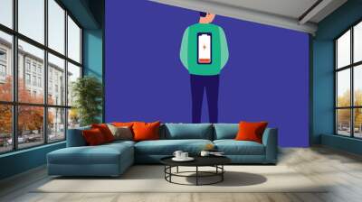 Exhausted Man With Low Battery On His Back. Loss Of Energy And Burnout Concept. Wall mural