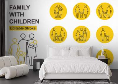 Family With Children Icons. Editable Stroke. Vector Illustration. People Thin Line Icons Set. Wall mural