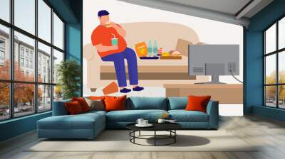 Fat Man Lying On Sofa While Watching TV And Eating Unhealthy Food. Binge Eating. Couch Potato. Wall mural