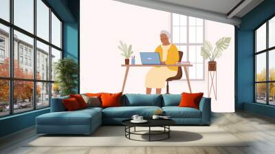 One Smiling Black Senior Woman At Desktop Working With Laptop. Full Length. Flat Design, Character, Cartoon. Wall mural