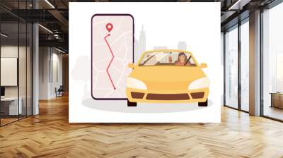 One Smiling Male Driver Driving A Yellow Car. Mobile Phone With Map Showing On Screen. Full Length. Flat Design Style, Character, Cartoon. Wall mural