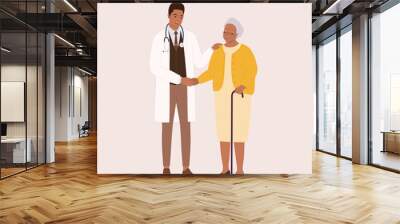 Smiling Black Male Doctor Shaking Hands With A Grateful Senior Woman Patient. Full Length. Flat Design Style, Character, Cartoon. Wall mural