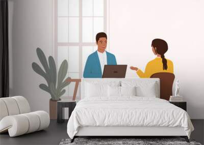 Smiling Black Man Manager Interviewing A Woman Candidate For A Job Employment At The Office. Full Length. Flat Design Style, Character, Cartoon. Wall mural