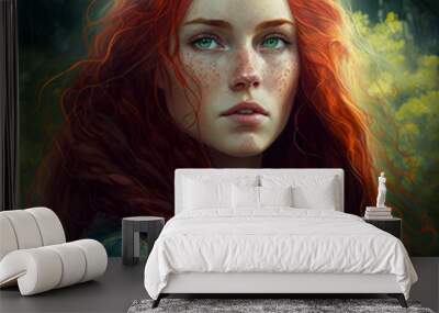 A woman with red hair in a peaceful environment Wall mural