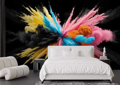 A vibrant CMYK explosion depicting a dynamic burst of cyan, magenta, yellow, and black toner splatters against a white background, symbolizing creativity and the printing process.  Wall mural