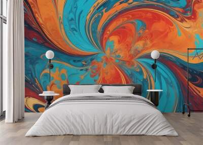 Abstract digital artwork featuring a dynamic blend of swirling colors. The composition is divided into two main sections the left side dominated by fiery reds and oranges Wall mural