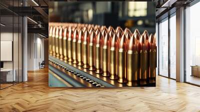 Bullet shells of different sizes for military ammunition production and storage. The brass bullet shells for ammo manufacturing. Military weaponry and ammunition. Factory line with weapon cartridges ( Wall mural