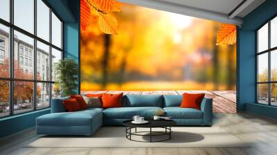 Textfreiraum mit Herbstwald im Hintergrund  Wall mural