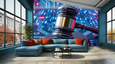 Judges gavel hovers in a high-tech, virtual space, symbolizing the enforcement of cybersecurity laws and regulations within an abstract technological environment (18) Wall mural