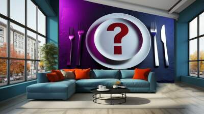 Question mark lying on a plate with knife and fork on the side (22) Wall mural