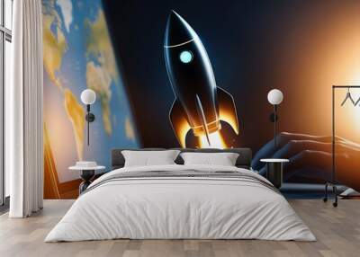 Sleek, futuristic rocket blasting off from an open laptop screen, symbolizing a dynamic and powerful concept for launching a successful startup business in the tech industry (14) Wall mural