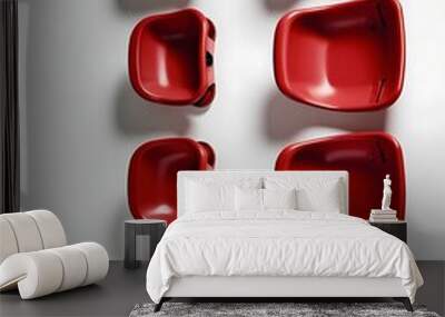 Stadium seats, front and angle views, red plastic chairs. Equipment, venue for spectators of an outdoor event or competition, isolated design elements on a white background (8) Wall mural