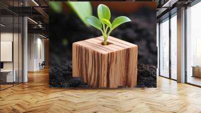 Wooden cubes with ESG icons and green plant symbolizing sustainable investment and organizational development for environmental and social governance (1) Wall mural