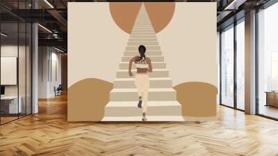 Illustration of woman walking up the stairs to the top of the pyramid shaped stairs to the sun, moon or star among hills in retro style Wall mural