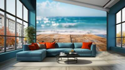 07231249 169. Crisp wooden table edge with a gently blurred ocean landscape beyond, emphasizing the calm and expansive nature of the sea Wall mural