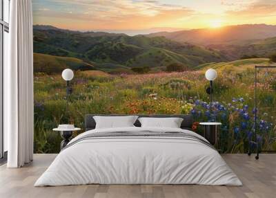 07231249 304. Rolling hills covered in wildflowers, with a picturesque sunset casting warm hues over the landscape, highlighting the beauty of natural environments Wall mural