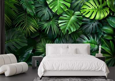 07231249 618. Artistic representation of green tropical leaves creating a dense forest background, with intricate details of different leaf types blending into a cohesive natural scene Wall mural