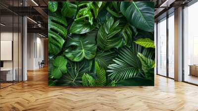 07231249 629. Elegant close-up of various tropical tree leaves from the Asian tropics, arranged to create a rich and natural background with detailed textures and lush greenery Wall mural