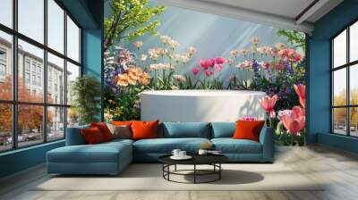 07240954 164. Stunning 3D white podium in a garden filled with vibrant spring flowers, creating an enchanting backdrop for displaying cosmetics, beauty products, or gifts, perfect for a fresh and Wall mural